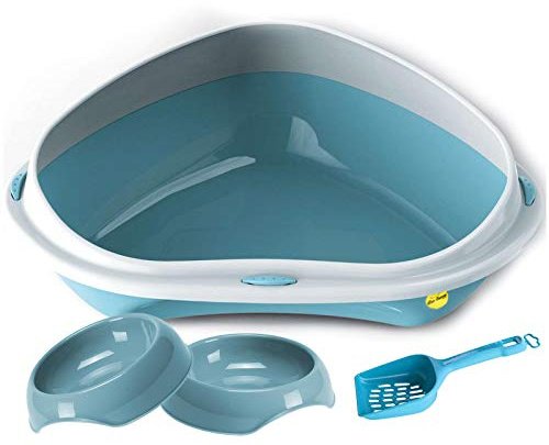 CAT CENTRE Jumbo Corner Open Litter Tray Bundle with Bowls & Scoop, Kitten | Large corner cat litter box set, BPA-free pet-safe plastic, includes 2 bowls and scoop, for kittens, adult and senior cats