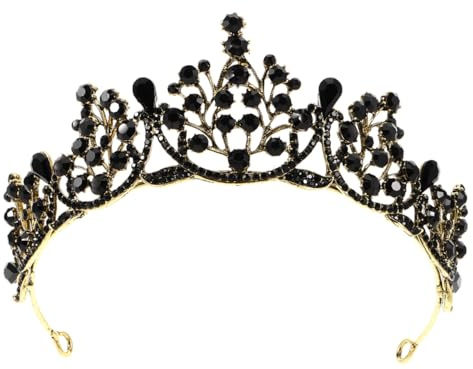 Minkissy Krone FüR Damen Krone Schwarz Kopfbedeckung Karneval Geburtstag Tiara Vintage Strass Barock KöNiginnenkrone Hochzeit Brautkrone Schwarze Diademe Und Kronen