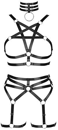 BBOHSS Damen Body Harness Pentagramm BH Set Punk Strumpfband Bein Taille Tanz Elastic Gothic Carnival Zubehör (Schwarz)