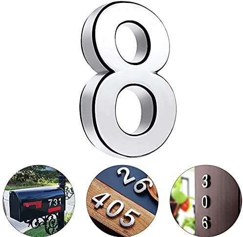 TopE Silver Waterproof 3D Number Stickers - Self Adhesive House Room Door Number for Home Apartment Cabinet Table Mailbox Outdoor Indoor Use (No.8)