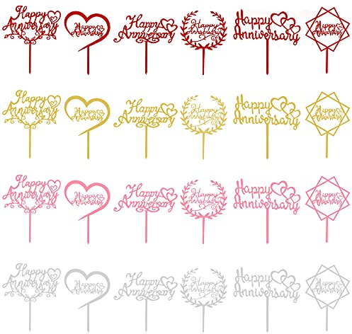 24Pcs Happy Anniversary Cake Topper Multicolour Acrylic Wedding Anniversary Cake Topper for Wedding Retirement Anniversary Celeration Party Decorations