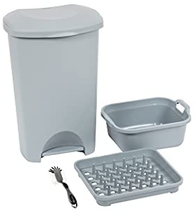 Addis 4 piece Eco Made from 100% Plastic Family Kitchen Office Starter bulk set includes 50 litre pedal bin, Washing Up Bowl, draining plate rack & dish brush, Recycled Light Grey, 519069AMP