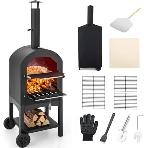 Giantex Four à pizza en plein air à bois avec couvercle étanche, pierre à pizza et pelure, 2 couches en acier avec roues, pour barbecue, camping, fêtes dans la cour