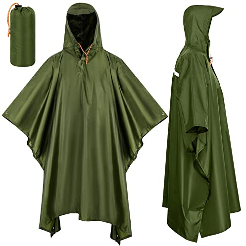 Lively Life Waterproof Rain Poncho, Lightweight Reusable Carry Pouch Cycling Hiking Camping Outdoor Activitie Coat, Army Green, L-XL