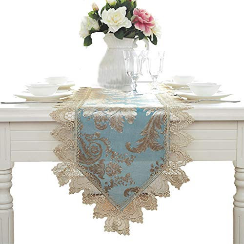 EHOMERY Tischwäsche Damast, Deko Pfauenblau Tischläufer Dreieckspitzenstickerei Tischläufer Polyester 40x180CM