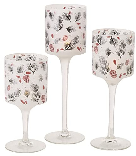 BOLTZE 3tlg Set Windlicht Pino I matt mit Zweigen & Tannenzapfen I Höhe 20cm, 25cm & 30cm I Teelichthalter auf Fuß I Tisch-Deko, Herbst, Winter I Kerzenständer aus Glas, Kerzenhalter
