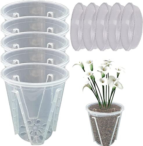 Lot de 5 pots à orchidées, transparents, avec soucoupes, en plastique, pour orchidées, fleurs, intérieur, extérieur, balcon, bureau (18 cm + plateau)