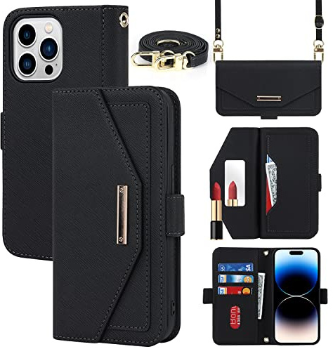 Cavor Case compatible with iPhone 14 Pro Phone Case With Strap,Crossbody Flip Leather Wallet Case,[5 Card Holder][Mirror][Magnetic],Lanyard Case Cover for women - Black