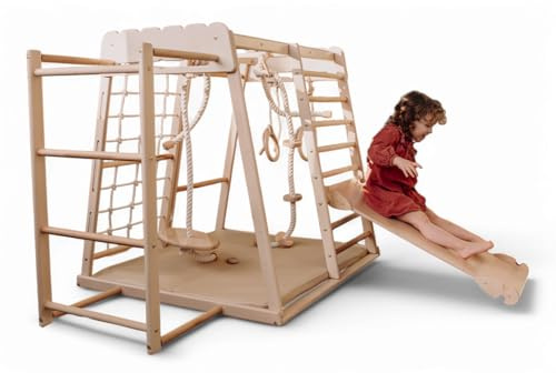 WoodandHearts Indoor Spielturm mit Rutsche & Schaukel – Kinderrutsche, Turnringe & Kletterseil – Baby Schaukel Indoor – Kletterwand Kinderzimmer & Spielhaus für Zuhause (Skandinav Komplex)