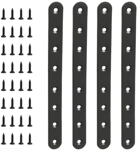 4 Pcs Black Flat Straight Braces Stainless Steel Straight Brackets 10 x 0.78 inch Metal Mending Plate for Wood, Heavy Duty Repair Joining Bracket, with Screws