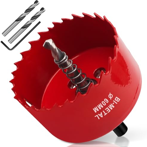 Yeepeo Sega a Tazza 60mm, HSS M42 Bi-Metallica Seghe a Tazza Trapano con Adattatore Esagonale e Punta di Centraggio, Sega Tazza per Legno, Cartongesso, Plastica, 1 pezzo Rosso