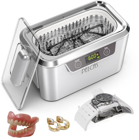 PELCAS Ultrasonic Cleaner with Dual Transducers,Jewellery Cleaner 800ML 42KHz with Touch Screen and 5 Time Settings for Glasses Watches Jewellery Denture Tools Guin-Ness Surger Cans -Silver