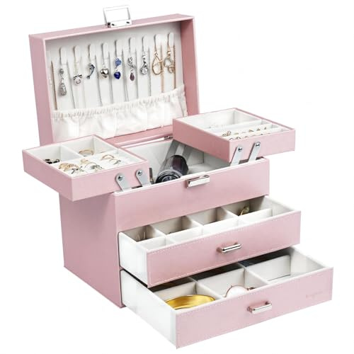 Dajasan Boite a Bijoux Femme, Boîte à Bijoux, Grande Boite Bijoux, Boite Cadeau Bijoux pour Saint Valentin, Noël, Nouvel An, Fête des Mères (Rose)