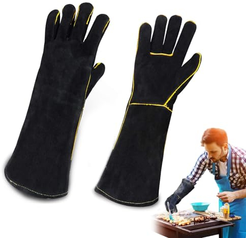 SubTack Fireproof Leather BBQ Gloves - Heat Resistant Mitts for Log Burner, Welding, Fireplace - Large Gloves for Oven, Baking, Stove - Pot Holder and Animal Handling