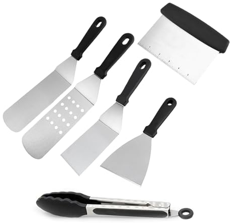 Xafrstyu 6 Pcs Ensemble de Spatule en Acier Inoxydable, Ensemble D'accessoires pour Plaque Chauffante Professionnelle BBQ, Spatule Plancha pour Teppanyaki, pour Gril Teppanyaki et Camping