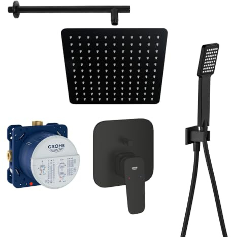 vanvilla Duschsystem Unterputz mit Duscharmatur Grohe schwarz GS01 SET | Duscharmatur von Grohe Cubeo Einhebelmischer und vanvilla Regendusche Duschkopf eckig, Dusch-SET schwarz matt
