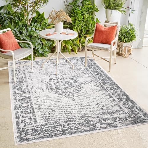payé In- & Outdoor-Teppich - Grau Creme - 120x170cm - Ornamente - Wendeteppich Wetterbeständig für Balkon Terrasse - Indoor Teppiche Wohnzimmer Küche