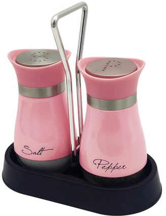 2 Stück Salz- und Pfefferstreuer Set mit Halter aus Glas und Edelstahl Salzstreuer Pfefferstreuer Gewürzstreuer Camping Zuckerstreuer Küchenzubehör (Rosa)