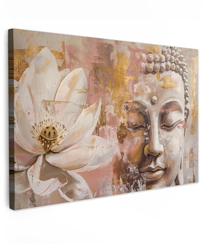 MuchoWow© Bild auf Leinwand Groß XXL Schlafzimmer Bilder Badezimmer Wand | 120x80 cm - Deko Wohnzimmer Modern Wanddeko Bilderwand Geschenk Buddha - Zen - Blume - Gold - Kunst