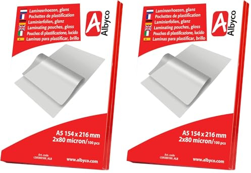 Albyco A5 Laminierhülle, Laminierfolie, glänzend, Dicke 2 x 80 Mikron (160 Mikron), 100 Stück, Albyco A5 Laminierhülle Laminierfolie glänzend, 100 Stück (Packung mit 2)