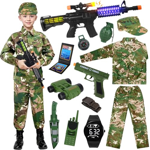Costume Militare Bambino, Vestito Militare Bambino con Mimetica Uniforme, Telescopio Walkie-Talkie e Pistola Giocattolo per Carnevale e Halloween