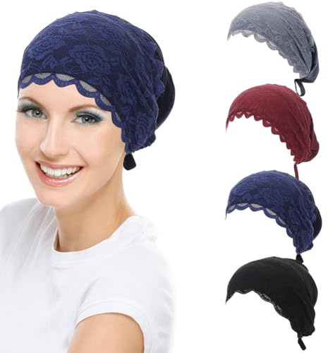 4Pcs Lace Cotton Elastic Muslim Inner Hijab Cap Women Girls Stretchy Undercap Beanie Turban with Ties Back Cancer Chemo Head Scarf Hat Headwrap Cover