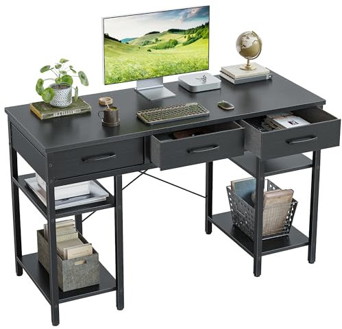 CubiCubi 120 x 50 cm Schreibtisch mit 3 Schubladen und 4 Ablagen, Home-Office Computertisch, Gaming Schreibtisch, Schwarz