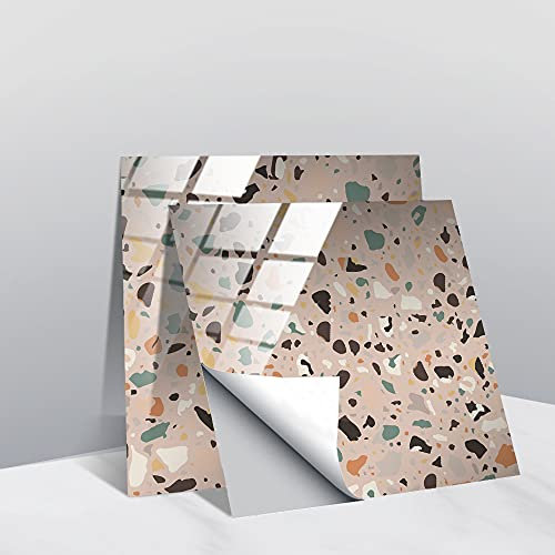 Lukery Stickers Carrelage Cuisine, 20 PCS Stickers Muraux Motif de Terrazzo Stickers Cuisine Sol, Autocollant Mural pour Salon Salle de Bains Maison Auto-Adhésif (15x15cm,Rose)