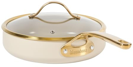 Bloomhouse - Oprah's Favorite Things - Sartén antiadherente de cerámica de aluminio resistente de 10 pulgadas sin PFA con tapa, color crema de almendras con mango dorado