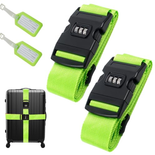 2 StüCk Kofferband Mit Schloss, Kofferband AuffäLlig, StrapazierfäHiges Gurtband Mit Hoher Dichte, GepäCkband Ideal üBer Kreuz, Inkl. 2 Namensschildern，Fluoreszierender Grün(Farbe)