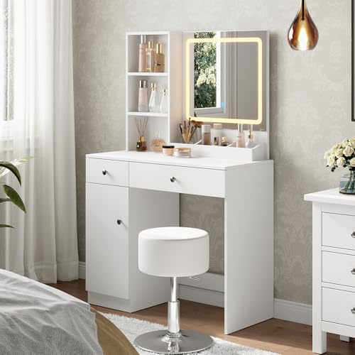 Vicco Tavolo da toilette Silvia, Bianco, 90 cm con specchio, per l'utilizzo come tavolo da trucco o da toeletta con illuminazione LED
