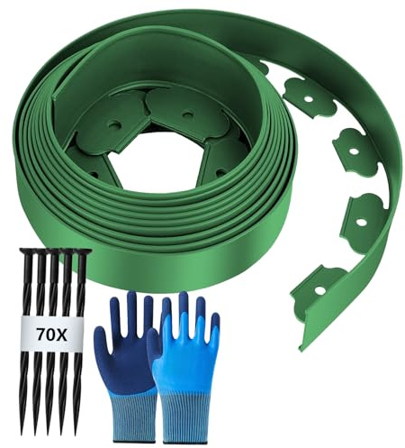 Bordura per Aiuola flessibile, Bordi per Aiuole Giardino, lunghezza 15 m, altezza 5 cm, Bordatura Giardino con 70 Picchetti e 1 paio di Guanti, Verde