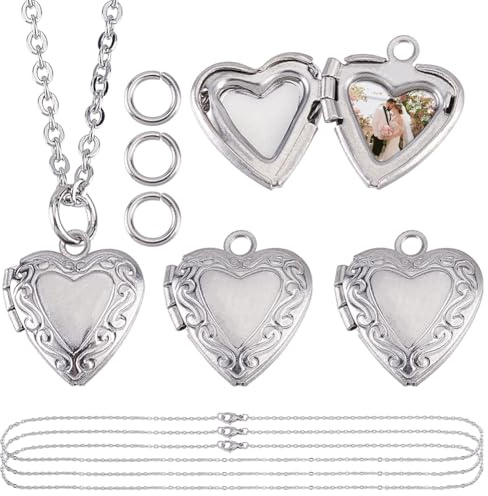 HOBBIESAY Set di 4 medaglioni a forma di cuore, in acciaio inox, con ciondolo a forma di medaglione per foto in metallo, per regali di San Valentino, collane e gioielli, Acciaio inossidabile