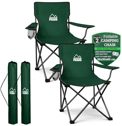 ADVENTURE PEAKS Folding Camping Chair Set of 2 Fold Up Chair with Cup Holder & Carry Bag Heavy-Duty 600D Polyester Fabric – Ideal for Camping, Garden, Beach & Outdoor Activities