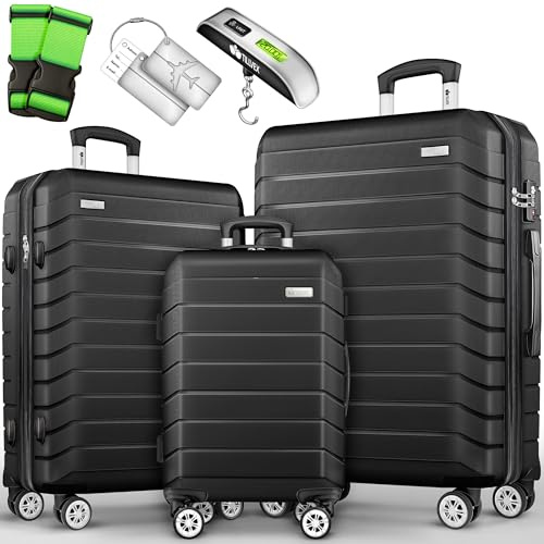 tillvex® Set de 3 Valises de Voyage + Balance, 3 Sangles à Bagages et 3 étiquettes à Bagages | Lot de valises avec roulettes et TSA Lock | Sacs de Voyage à Coque Rigide M-L-XL (Noir)