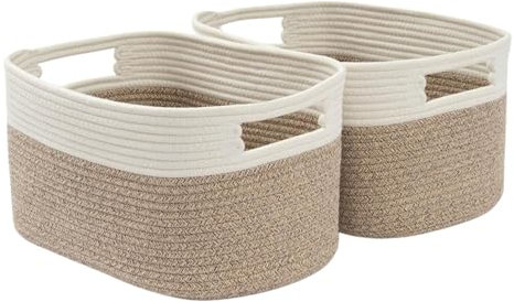 Woodluv Woven Storage Basket Set of 2, Cotton Rope Basket for Shelves Closet Organizer, Rectangular Shelf Baskets for Toys, Books, Shoes, Baskets for Home Bathroom Decor, 37.5x25x22.5cm, Beige