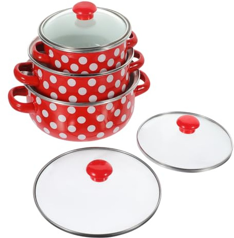 KOCKSHION Enamelware Small Soup Pot Set with Lid, Red Base White Dot Mini Stockpots 12cm 14cm 16cm, Double Handle Cookware for Stove Top and Stewing in Home Kitchen