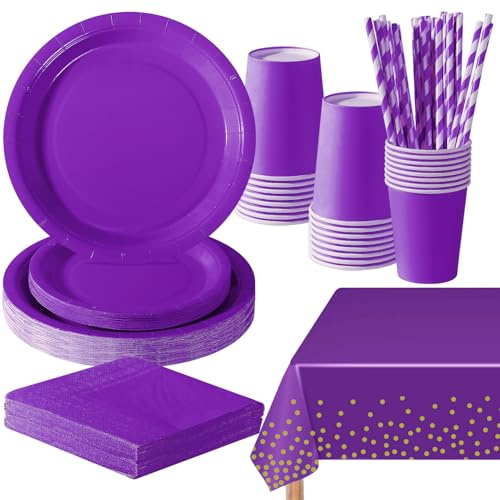 PYAILI Tiefviolett Partygeschirr, 121 Stück Pappteller Sets 24 Guests | Party Pappteller Becher Servietten Partyteller Partyset Süße Party, für Feste und Feiern wie Geburtstag
