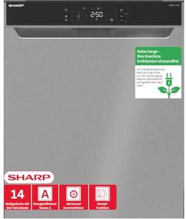 Sharp QW-NA3YU42AI-DE Geschirrspüler Unterbau 60 cm, 14 Maßgedecke, A, 42 dB, Turbo-Trocknung, QuickWash 14’, SteamWash, AutoDoor, EcoBox, Edelstahl