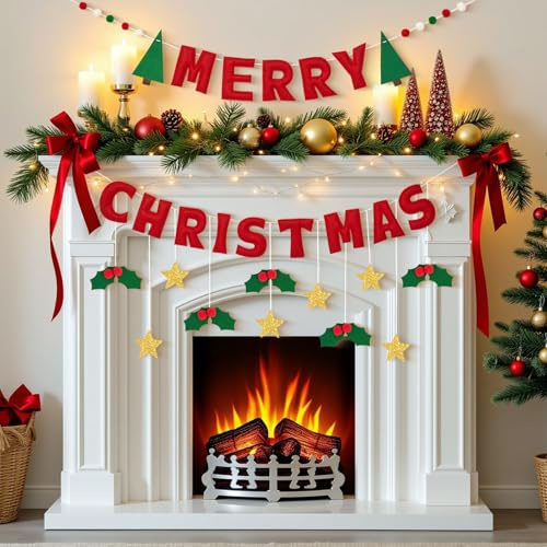 SUNBEAUTY Merry Christmas Banner 3D Felt Ball Garland Weihnachten Bunting Deko Rot Hängende Weihnachtsbanner Girlande mit Filz Kiefernmuster Glitzer Sterne Beeren für Mantel Fireplace Wall（6.6ft）