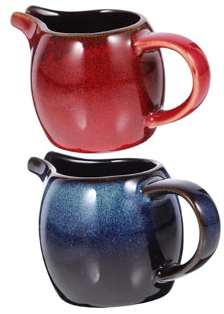 SMASOLO Lot de 2 Petites Bouilloires à Lait en Céramique 100 Ml, Pichet à Crème et Sirop Multi-usages, Bec Verseur Effilé, Coloris Écaille Rouge et Bleu Œil de Chat, Service Café