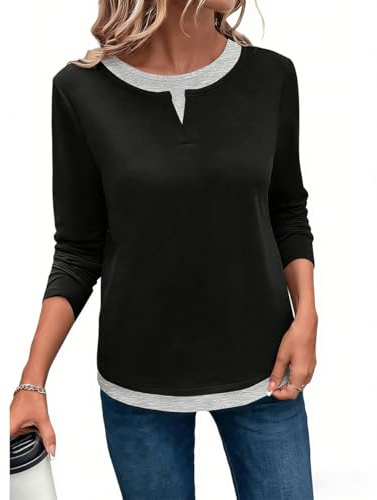 ROFUSSO Maglietta Casual da Donna con Collo Rotondo e Maniche Lunghe Top Morbida a Tinta Unita con Maniche Lunghe Maglietta Basic Leggera(Nero,L)