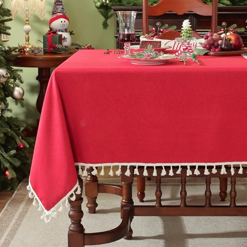 meioro Rechteckige Weihnachten Tischdecke, Wasserbeständige mit Lotuseffekt Quaste Tischtuch Polyester Tischabdeckung, Wasserdicht Tischdecken Tischschutz für Christmas Dekoration (Rot,100x140cm)