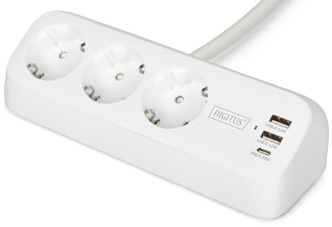 DIGITUS DA-70626 - Eluttag med USB – 2x USB-A, 1x typ C – 3x skyddad kontakt – Skyddsklass IP20 – Kortslutnings- och överspänningsskydd – Klämfäste för bord – Vit