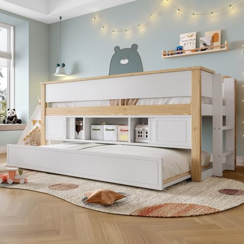 A ALFRESCOOL Cama media de 90 x 200 cm, cama infantil con cama nido, litera de madera con escalera y somier, varios estantes, madera de pino, sin colchón (blanco y natural)