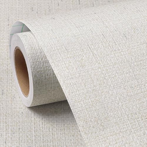 FunStick 40CMx6M Papier Peint Adhesif Mural Texturé Salon Vinyle Adhesif Blanc Beige Papiers Peints Imitation Tissu Lin Papier Adhésif pour Meuble Placard Armoire Chambre Revetement Mural Beige Blanc