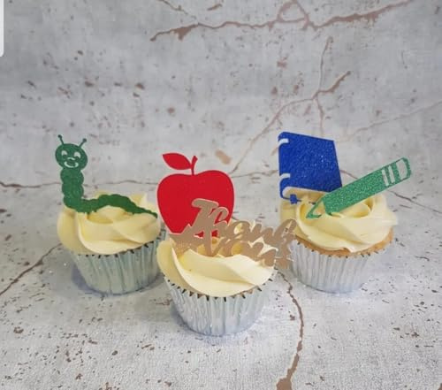 Thank You Teacher Cupcake Toppers, Glitter Apple, Book, Caterpillar and Pencil Shapes, Set of 5