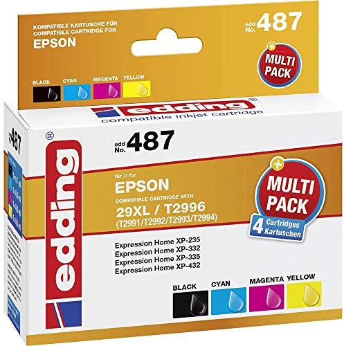 edding Druckerpatrone EDD-487 - Multipack 4 - Schwarz, Cyan, Magenta, Gelb - 1x 15 ml + 3x 8,5 ml - Reichweite 1x 665 3x 625 Seiten - Ersetzt Epson T29XL (T2991/92/93/94)