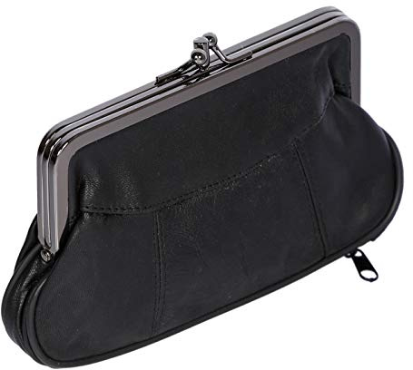 Christian Wippermann Echt Leder Damen Geldbörse mit Clipverschluss 17x10x2-4 cm - Spangengeldbörse mit Reißverschlussfächern - Portemonnaie mit Clip - Elegante Klippbörse Leder für Damen Schwarz