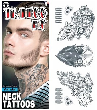 Tinsley Transfers Vandal Hals-Klebe-Tattoo FX - Nacken-Tattoo - Kostüm-Zubehör für Halloween, Karneval & Motto-Party